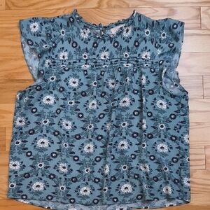 LOFT Outlet Floral Flutter Sleeve Teal Blouse, Size XL EUC